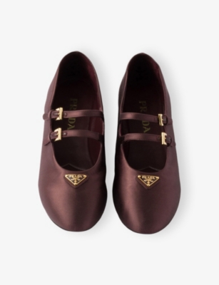Prada Nappa Leather Double-strap Triangle Logo Ballerina Flats In Burgundy