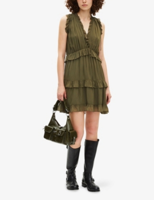 The Kooples Womens Ruffled-trim V-neck Woven Mini Dress Kaki In Green