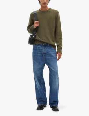 The Kooples Mens Kaki Crewneck Distressed Knitted Jumper In Green