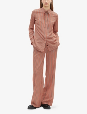 The Kooples Womens Dark Navy / Fire Red Striped Tie-neck Stretch-woven Shirt In Orange
