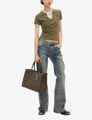 The Kooples Womens Kaki Logo-embroidered Tie-neck Cotton T-shirt Xs In Brown