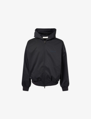 Essentials Mens Jet Black Logo-patch Relaxed-fit Cotton Blend Hoody In Black