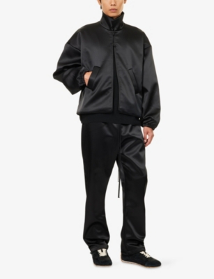 Essentials Mens Jet Black Relaxed Satin Bomber Jacket In Black