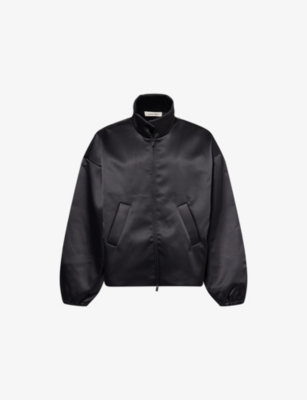 Essentials Mens Jet Black Relaxed Satin Bomber Jacket In Black