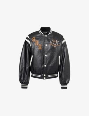 True Religion Mens Jet Black Retro Logo-patch Faux-leather Varsity Jacket