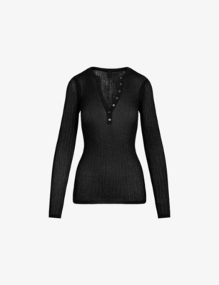 Long-Sleeve Sheer Knit Henley Top