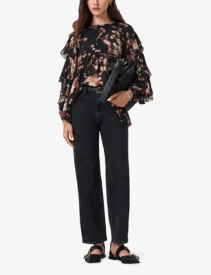 Allsaints Womens Armada Black Lissie Floral Print Ruffled Woven Top In Multi