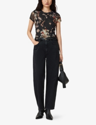Allsaints Womens Armada Black Ellie Round-neck Floral-print Stretch-mesh T-shirt In Black