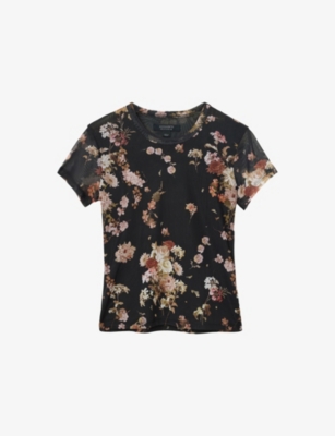 Allsaints Womens Armada Black Ellie Round-neck Floral-print Stretch-mesh T-shirt In Black