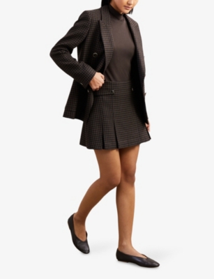 Reiss Womens Black Brown Elle Checked Pleated Wool-blend Mini Skirt In Brown