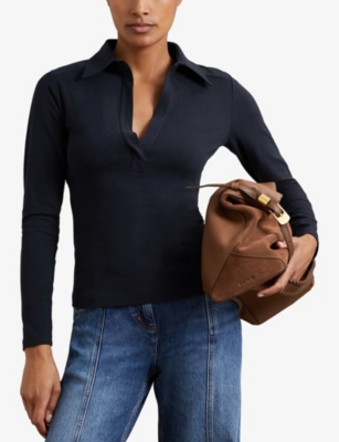 Reiss Womens Novi Open-collar Long-sleeve Stretch-cotton Shirt Navy In Blue