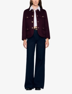 Sandro Womens Round-neck Four-pocket Wool-blend Jacket Bordeaux In Burgundy
