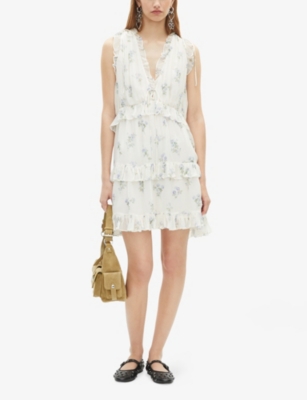 The Kooples Womens White / Sky Blue Floral-print Tie-up Woven Mini Dress In Multi