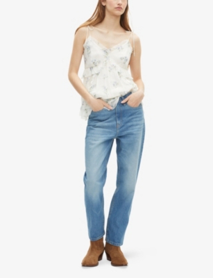 The Kooples Womens White / Sky Blue Floral-print Ruffle-trim Woven Cami Top In White