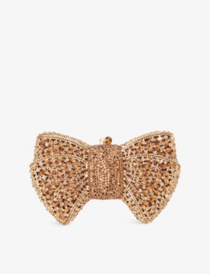 Dune Womens Bronze Metallic Enchant Bow Diamante-embellished Clutch Bag