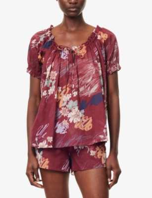 Desmond And Dempsey And Dempsey Womens Red Idyllic Floral Cotton Pyjama Set In Red
