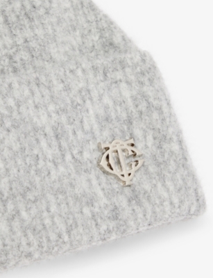 The Couture Club Mens Grey Fluffy Brand Pin-badge Knitted Beanie In Gray