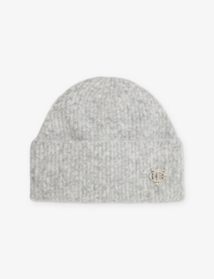 The Couture Club Mens Grey Fluffy Brand Pin-badge Knitted Beanie In Gray