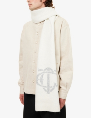 The Couture Club Womens Greymarl/offwhite Contrast Emblem Knitted Wool-blend Scarf In Neutral