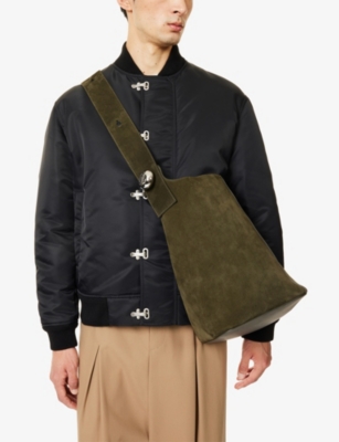 Loewe Mens Dark Olive Pebble Bucket Large Suede Shoulder Bag In Green