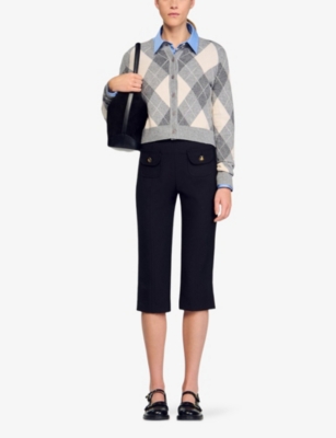 Sandro Womens Grey Argyle Round-neck Wool And Cashmere-blend Cardigan In Gray