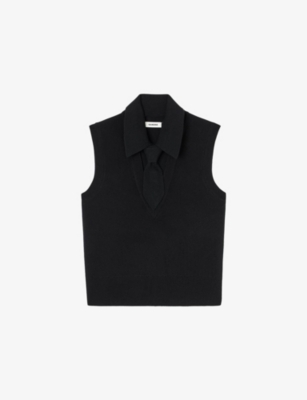 SANDRO: Tie-Neck Sleeveless Stretch Wool-Blend Jumper