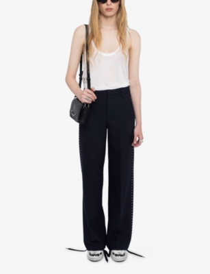 Zadig & Voltaire Womens Encre Panol Rhinestone-embellished Wide-leg High-rise Stretch-woven Trousers In Blue