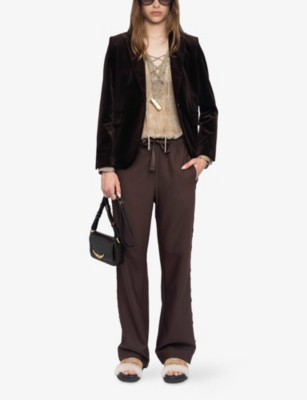 Zadig & Voltaire Womens Poma Satin-stripe Straight-leg Low-rise Stretch-woven Trousers Dark Chocolate In Brown