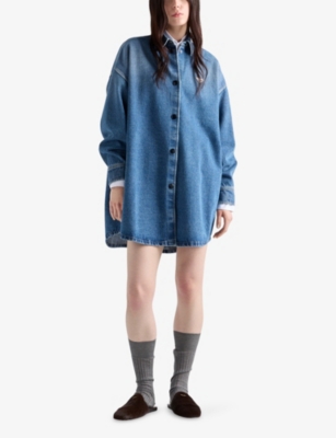 Prada Womens Blue Triangle-logo Long Denim Shirt In Blue