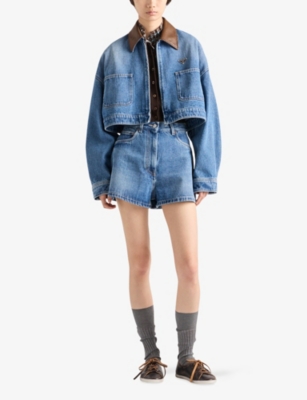 Prada Cropped Jacket With Dropped Shoulders And Puffed Sleeves In Blue