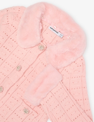 SELF PORTRAIT: Faux Fur-Trim Textured-Knit Cardigan 3-12 Years