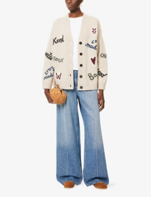 Weekend Max Mara Omens Ecru Belgio Intarsia Wool Cardigan In Sand