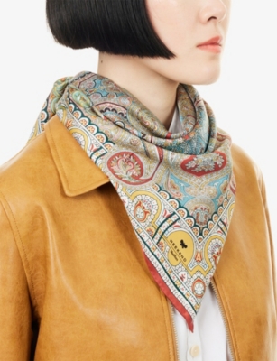 Weekend Max Mara Omens Dark Brown Printed Square Silk Scarf In Brown