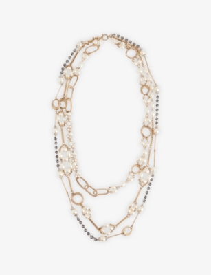 Weekend Max Mara Omens Optical White Jabot Metal And Faux Pearl Necklace In Gold