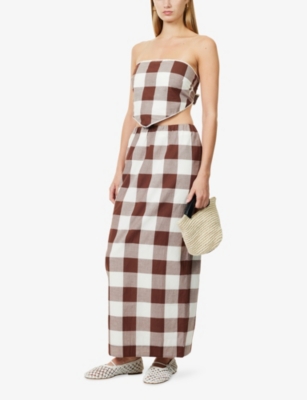 Posse Womens Mira Gingham-print Cotton Maxi Skirt Mocha Gingham Xs In Multi