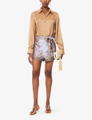 Zimmermann Womens Biscuit Logo-embroidered Silk Shirt In Brown