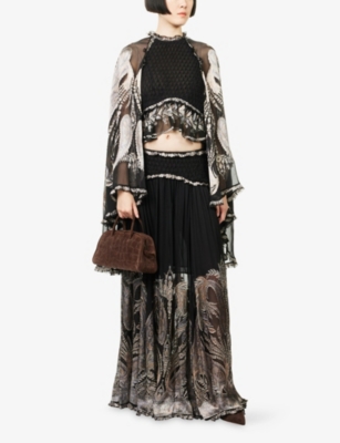 Zimmermann Womens Black Paisley Dream Burnout Pleated Silk Maxi Skirt In Brown