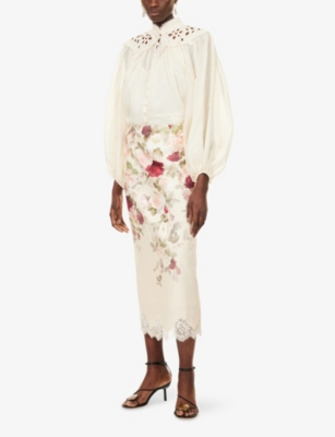 Zimmermann Womens Cream Cascade Hypnotic Floral Linen Midi Skirt