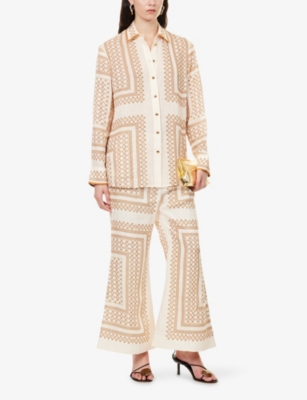 Zimmermann Womens Cream Geo Print Crop-leg Flared Linen Trousers In Brown