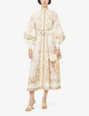 Zimmermann Womens Cream Peony Printed Silk-belt Buttoned Linen Midi Dress Xxs In Neutral