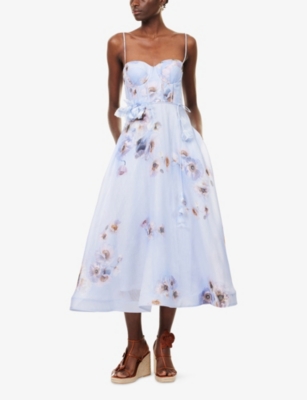Zimmermann Womens Lilac Poppy Hypnotic Bodice Linen And Silk Midi Dress In Blue