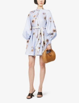 Zimmermann Womens Lilac Poppy Printed Silk-belt Buttoned Linen Mini Dress