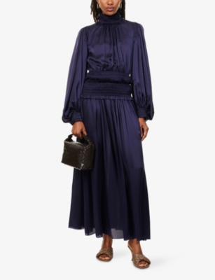 Zimmermann Womens Navy Shirred Paperbag Silk Maxi Skirt In Blue
