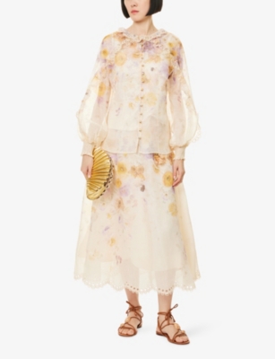 Zimmermann Womens Pansy Floral Memento Embroidered Linen And Silk Midi Skirt Xs In Neutral