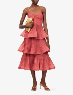 Zimmermann Womens Rose Pleated Tiered Woven Midi Dress In Pink