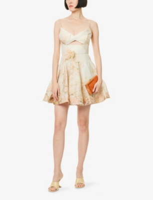 Zimmermann Womens Rose Arbor Memento Twist-front Linen And Silk Mini Dress Xs In Neutral