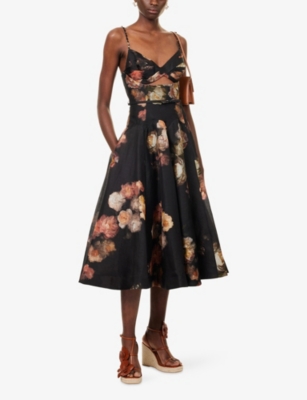 Zimmermann Hypnotic Embellished Belted Cutout Linen And Silk-blend Midi Dress In Black