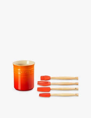 LE CREUSET: Craft Stoneware Utensil Jar And Set Of Four Silicone Spatulas