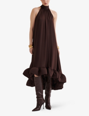 MALINA: Sabrina Halter-Neck Ruffled Woven Midi Dress