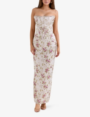 House Of Cb Womens Vintage Cream Print Isis Corseted Satin Maxi Dress In Neutral